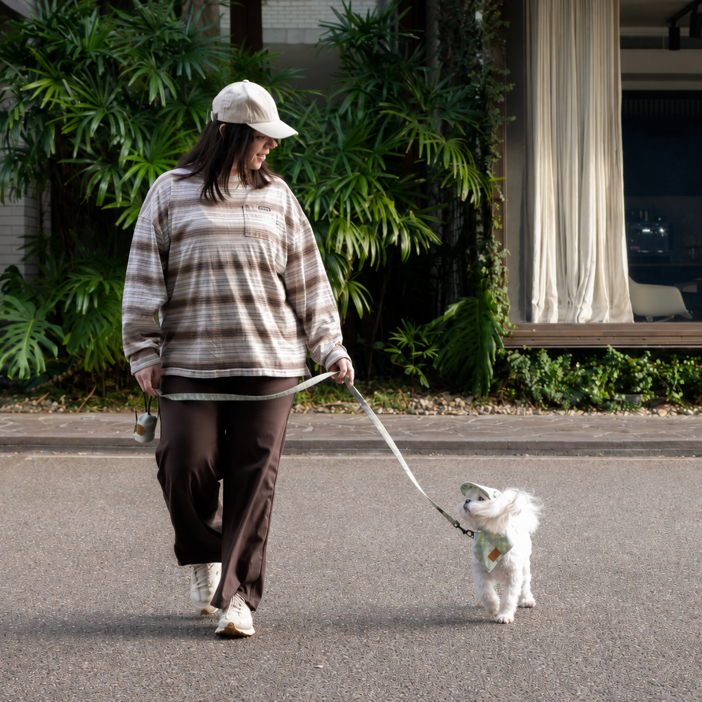 A woman wearing a beige and brown striped long-sleeve shirt, brown pants, and a white cap walks a small white dog on a leash on a paved street in front of a modern building with green plants.